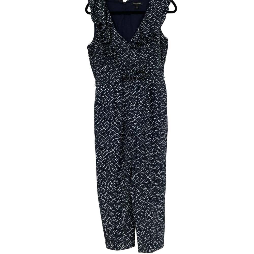 Banana Republic Blue White Spotted Ruffled Wide Leg Jumpsuit Womens 6 Sleeveless